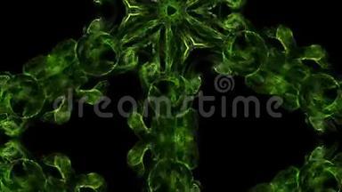 以Luma哑光为α通道的辉光绿色粒子在黑色背景上的油墨万花筒效应。 像你这样的人